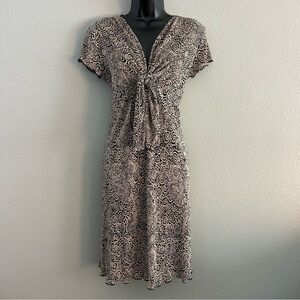 Vintage Connected Crinkle Pleated Tie Front Dress Petite Size 4 Black Tan Swirl